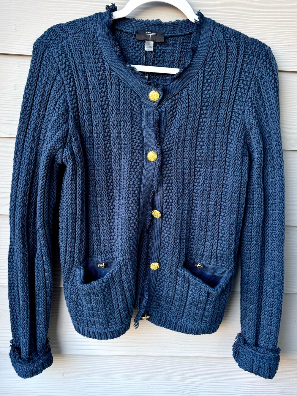 NWT Tahari Navy Gold Button Textured Knit Lady Jacket Cardigan Small
